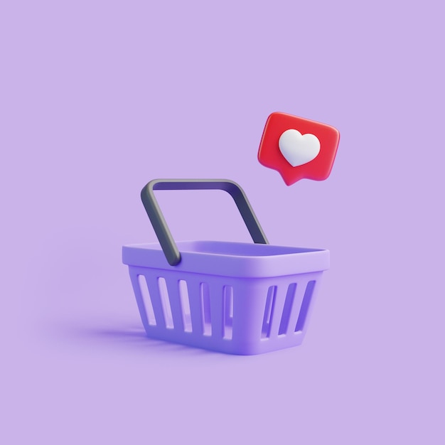 Cartoon shopping basket with heart sign on notification speech bubble on purple background 3D render