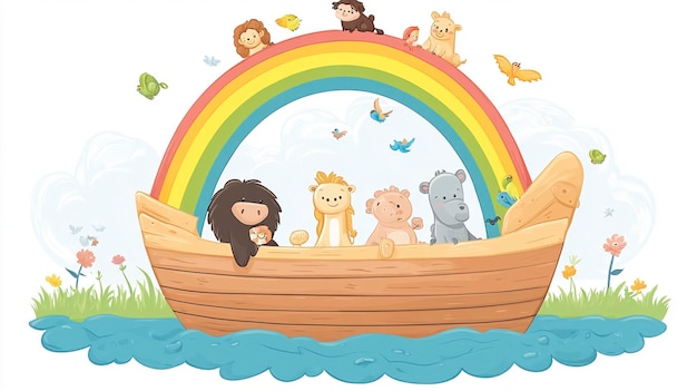 Photo cartoon simple noahs ark with animals and rainbow