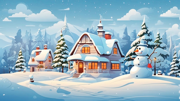 Cartoon simple winter snow landscape and houses with christmas tree and snowman design vector illust