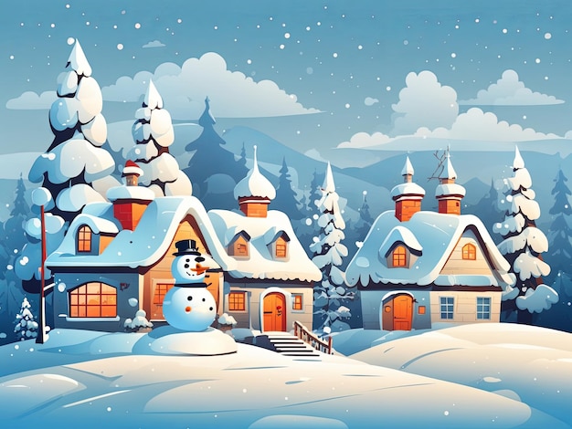 Cartoon simple winter snow landscape and houses with christmas tree and snowman design vector