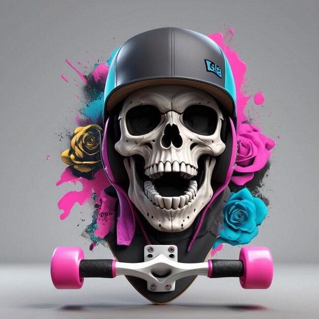 Photo cartoon skater skull character illustration vector graphic for apparel prints posters and other uses