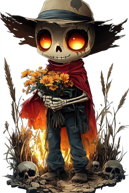 Cartoon Skeleton in Cowboy Hat Holding Flowers