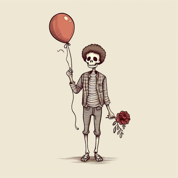 A cartoon skeleton holding a red balloon and a rose generative ai