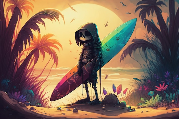 A cartoon of a skeleton holding a surfboard on a beach.