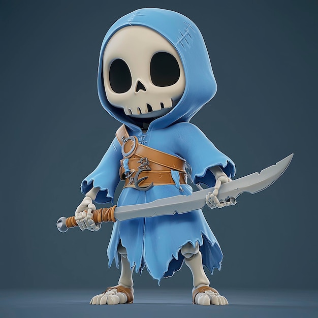 Cartoon Skeleton Warrior in Blue Robes with Sword