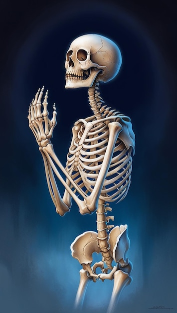 a cartoon of a skeleton with a blue background