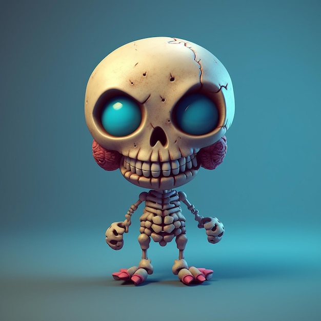 A cartoon skeleton with blue eyes and a blue background.