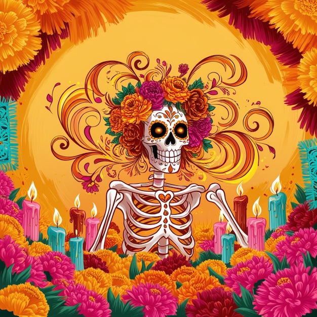 a cartoon of a skeleton with flowers and a candle in the middle