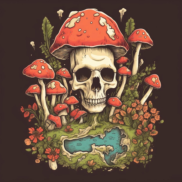 Cartoon Skeleton with Mushrooms Growing From