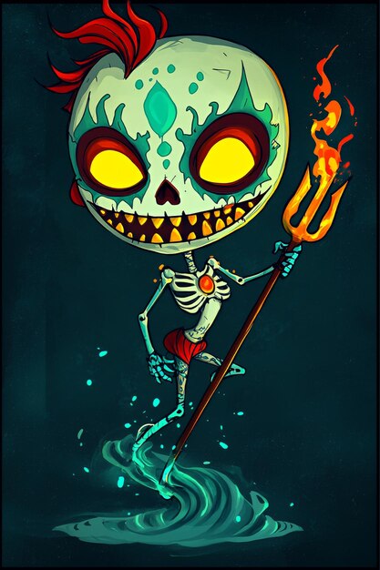 Cartoon Skeleton with Trident and Flames