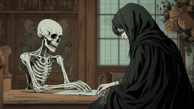 A cartoon of a skeleton and a woman sitting at a table with a letter in the background.