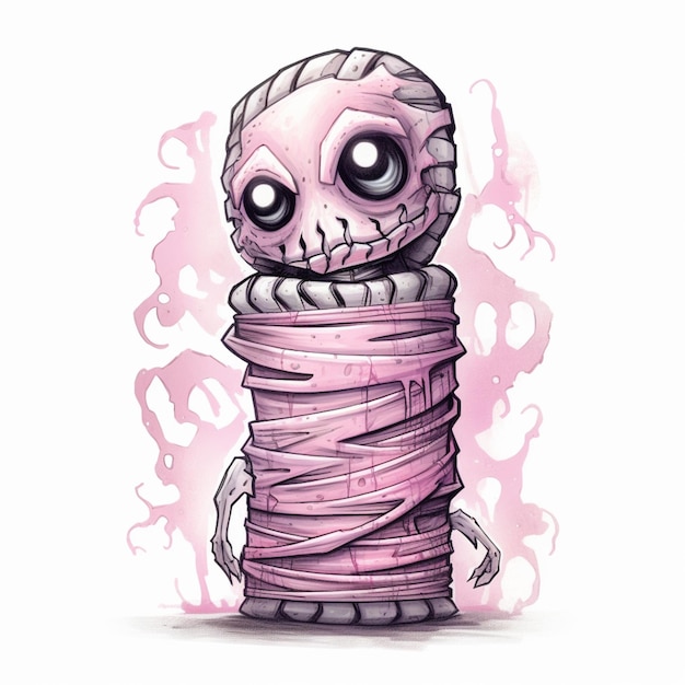 a cartoon skeleton wrapped in a pink wrap with a creepy face generative ai