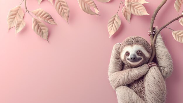 Photo a cartoon sloth hanging from a branch with leaves and flowers on a pink background