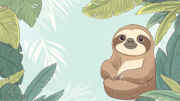 A cartoon sloth relaxes among tropical leaves in a playful jungle backdrop