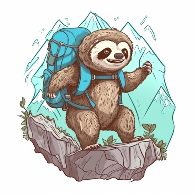 A cartoon sloth with a backpack on his back is walking on a mountain.