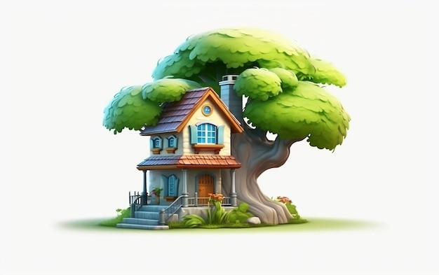 Cartoon Small House with Tree 3D Illustration Generative AI