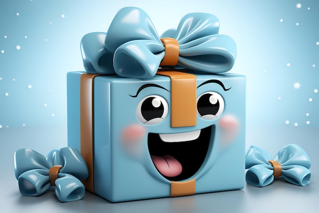 Cartoon smiling blue gift box with a bow with snowflakesHoliday gifts generated AI