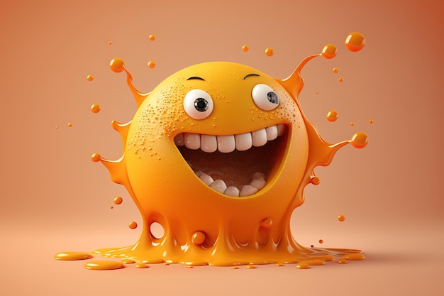 Cartoon smiling crazy citrus orange with splash liquid juice