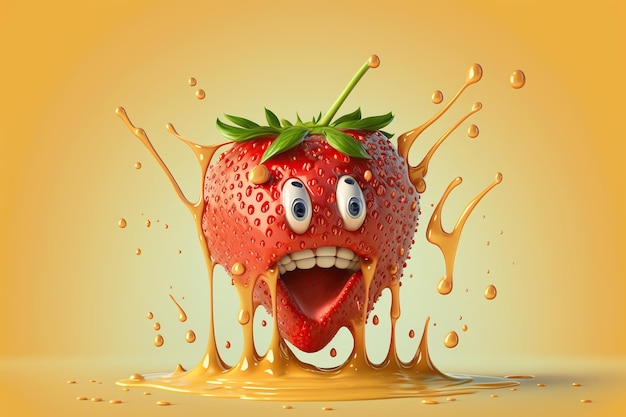 Cartoon smiling crazy strawberry with splash liquid juice