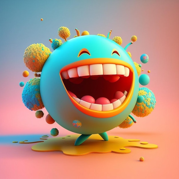 A cartoon of a smiling creature with big teeth and a blue background.