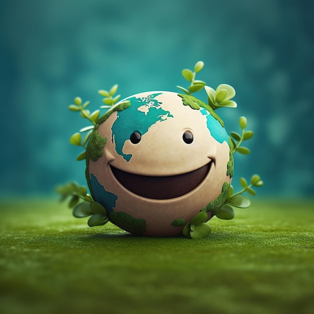 A cartoon of a smiling earth with leaves around it.