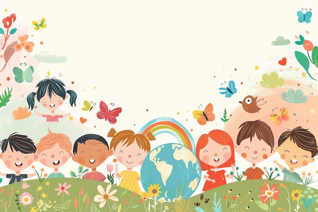 cartoon smiling faces of kids with tiny rainbows with world globe and butterflies childrens day back