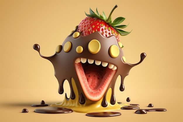 Cartoon smiling strawberry with splash liquid chocolate