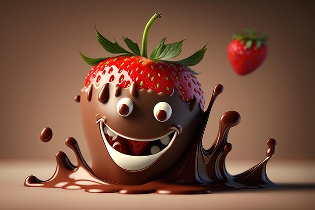 Cartoon smiling strawberry with splash liquid chocolate