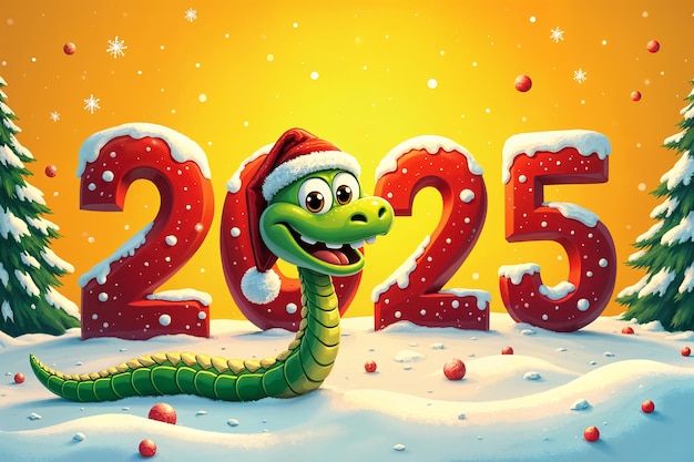 Cartoon snake with a Santa hat standing in front of large numbers that read 2025 The background is a festive winter scene with snow and Christmas trees