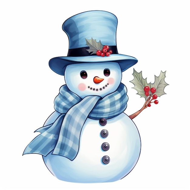 cartoon snowman with a blue hat and scarf holding holly leaves generative ai