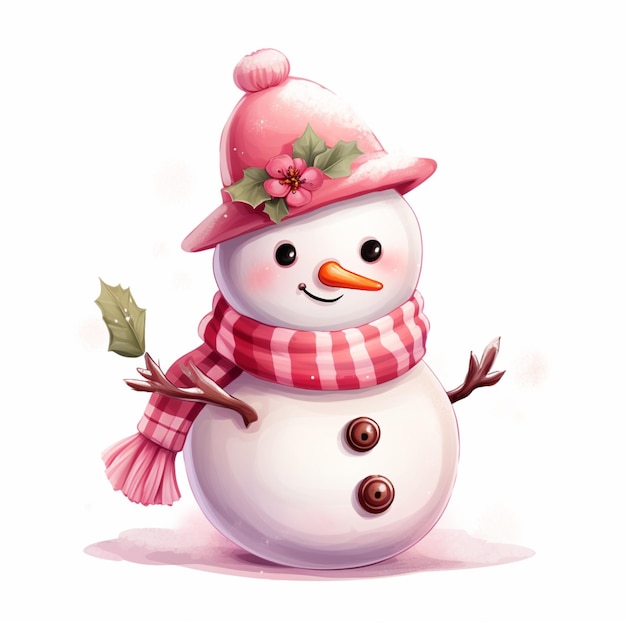 cartoon snowman with a pink hat and scarf and holly leaves generative ai