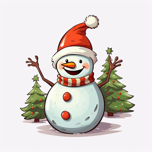 cartoon snowman with santa hat and scarf waving his arms generative ai