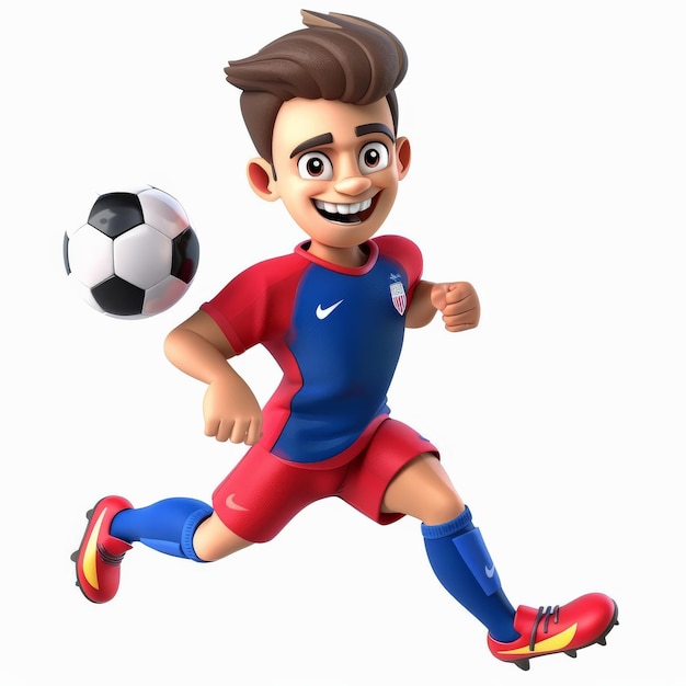 Photo a cartoon soccer player with a big smile in a red and blue uniform making a dramatic tackle