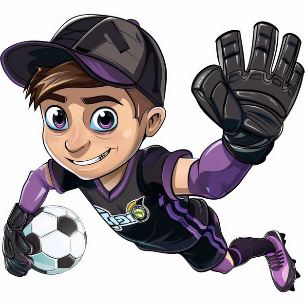 Photo a cartoon soccer player with a hat in a black and purple uniform making a diving save as a