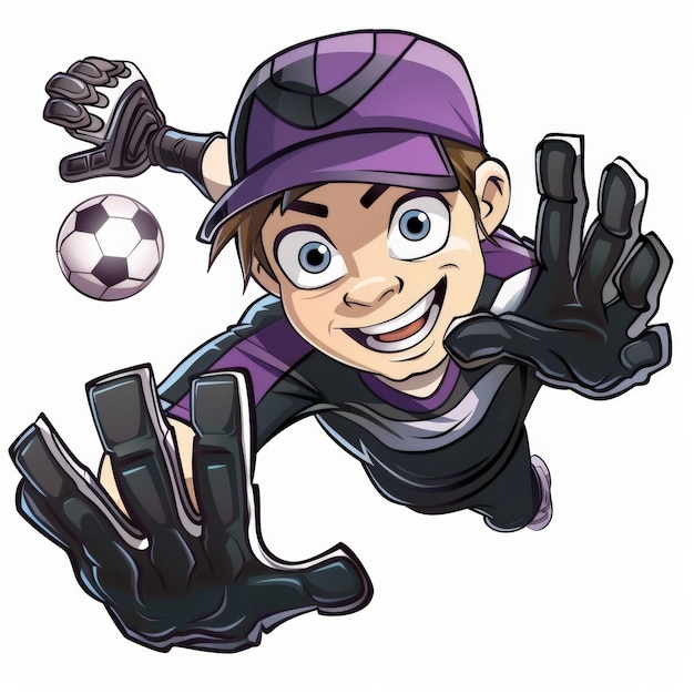 Photo a cartoon soccer player with a hat in a black and purple uniform making a diving save as a