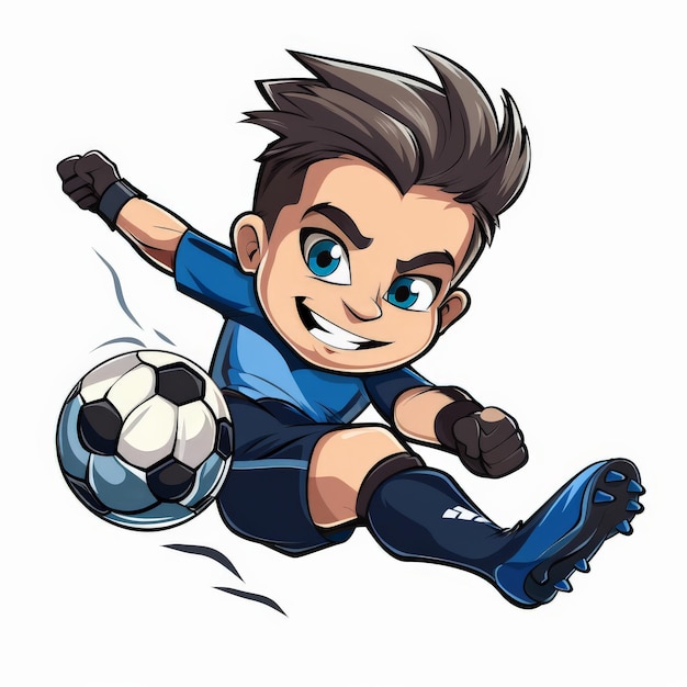 A cartoon soccer player with short hair wearing a blue and black jersey making a sliding tackle