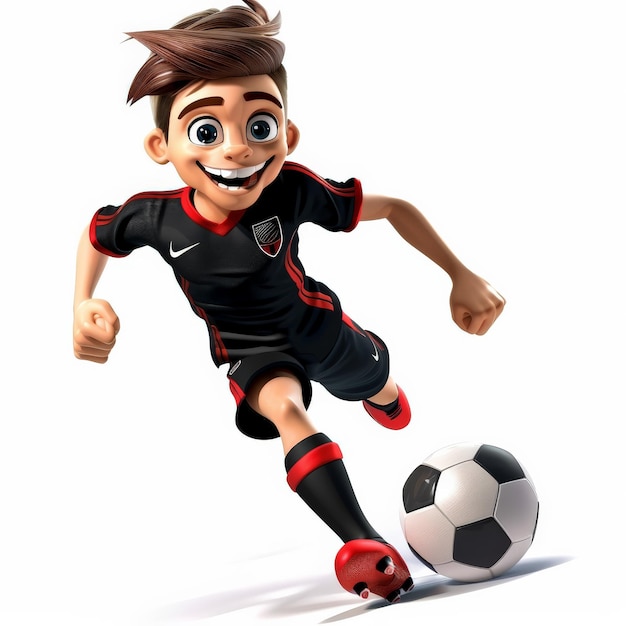 Photo a cartoon soccer player with a toothy grin dressed in a black and red kit sprinting towards the