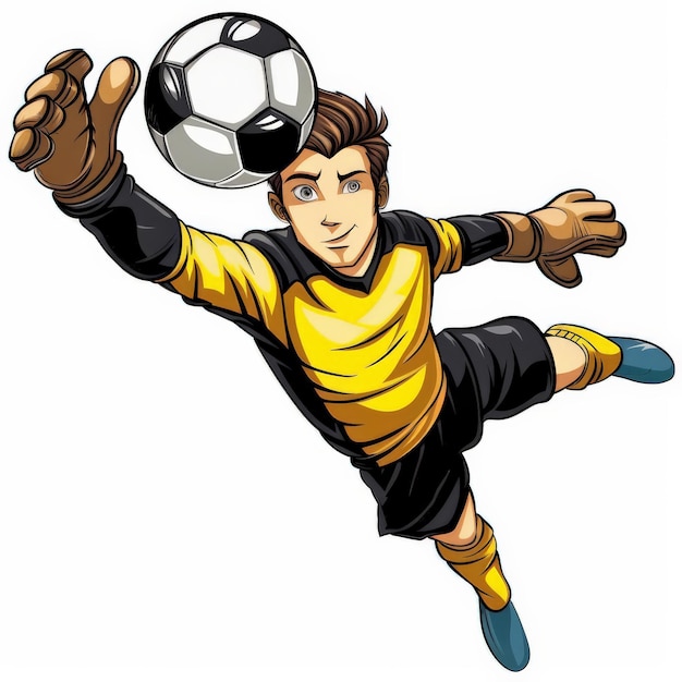 Photo a cartoon soccer player with a yellow and black uniform making a dramatic save as a goalkeeper