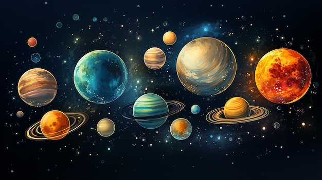 Cartoon solar system Orbit astronomy space scheme galaxy celestial bodies and planets satellites