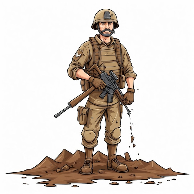 Cartoon soldier with rifle and moustache standing in a pile of dirt