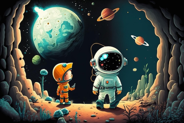 A cartoon of a spaceman and a planet with planets