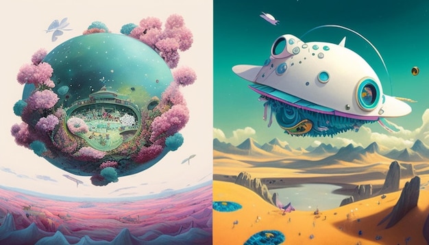 a cartoon of a spaceship and a spaceship