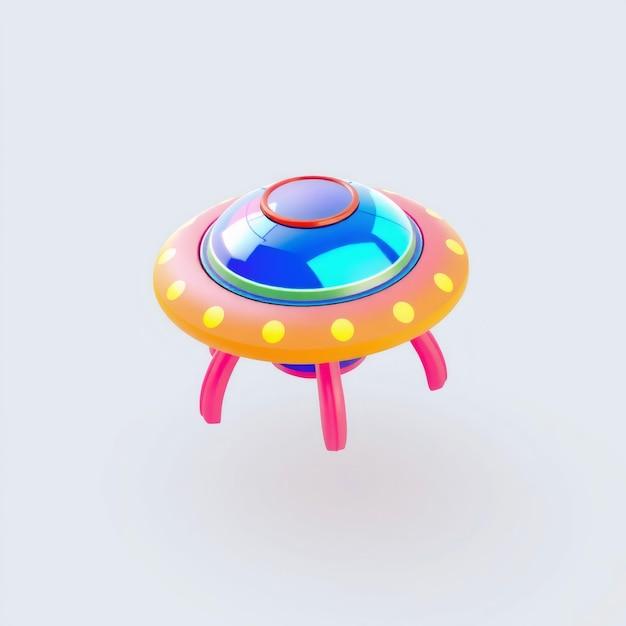 Cartoon spaceship with a blue dome orange base and pink legs on a white background