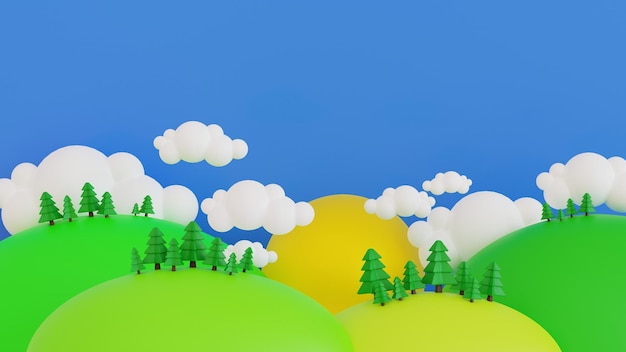 Cartoon Spring summer rural landscape meadow and mountain with blue sky and cloud 3D rendering