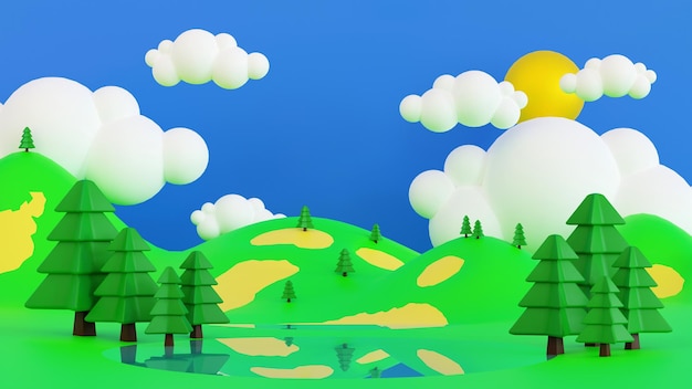 Cartoon Spring summer rural landscape meadow and mountain with blue sky and cloud 3D rendering