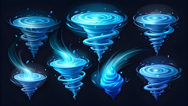 Photo cartoon sprite sheet of water tornado animation set on dark background vector illustration of neon