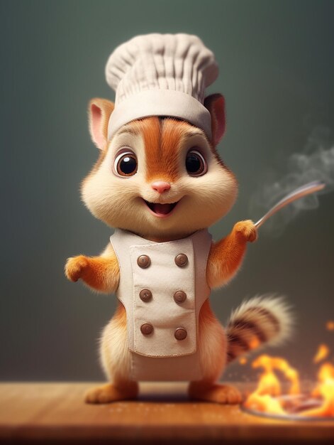 A cartoon squirrel wearing a chef's hat is standing in front of a burning fire.