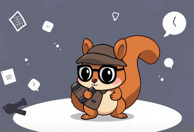 Photo a cartoon of a squirrel with a hat holding a chocolate cone