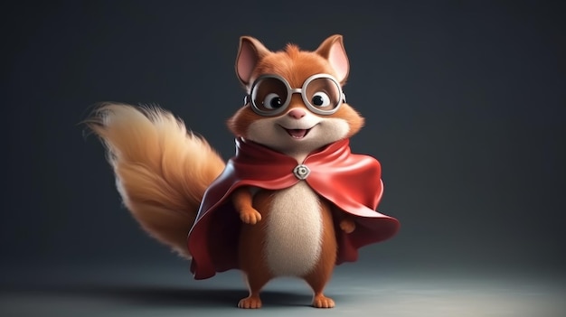 A cartoon squirrel with a red cape and glasses.