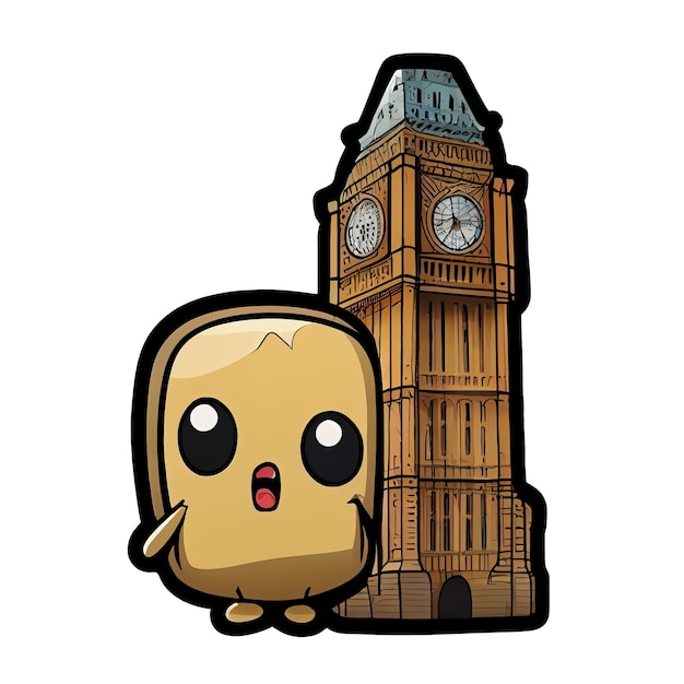 Photo cartoon sticker depicts the big ben with its famous clock face and bell tower in london